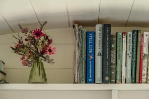 a vase with flowers on a shelf with books at Hurdlemakers Hut in Dorchester
