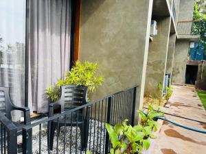 a balcony with a black fence and some plants at New Diyakawa Boutique Hotel in Nikawatawana