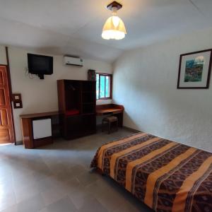 a bedroom with a bed and a desk and a television at BALAFON hôtel in Cap Skirring