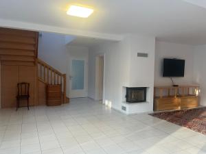 a living room with a fireplace and a tv on a wall at Dom pod lesom v Borinke in Stupava