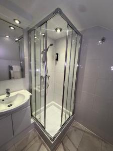a bathroom with a shower and a sink at Centennial Hotel in Cambridge +76 photos