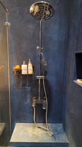 a shower in a bathroom with a blue wall at Srikadhama in Udupi