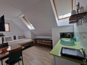 a small room with a sink and a bed at Slovenian House Vida in Bled