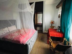 a bedroom with a bed with a mosquito net at Giving Hands Homestay in Arusha