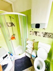 a bathroom with a shower and a toilet and a sink at Croparadise Central in Split +24 photos