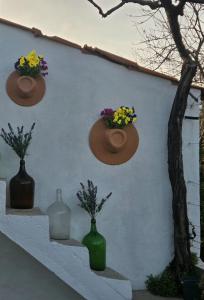 a group of vases on a wall with flowers in them at Pátio do Tear in Sobreira Formosa