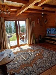a living room with a large window and a rug at Zielona Dolinka in Kostrzyca