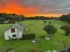 an aerial view of a farm with a barn in a field at Ferienwohnung Storchennest Vipperow in Ludorf