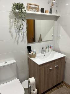 a bathroom with a sink and a toilet and a mirror at Casa das Oliveirinhas in Alvor +37 photos