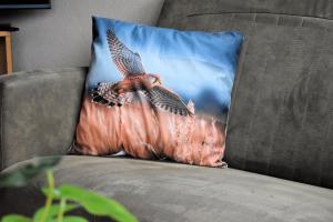 a pillow on a couch with two birds on it at Torenvalk I Genieten nabij Bos in Zwiggelte