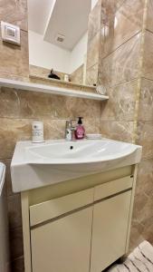 a bathroom with a white sink and a mirror at Sea view apartment 2 in Boreti