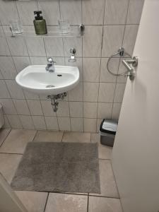 a bathroom with a white sink and a rug at Waterloo Sunset Hotel in Erzhausen +9 photos
