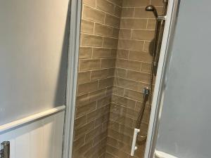 a shower with a glass door in a bathroom at Plough inn in Great Mongeham