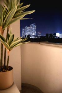 a potted plant sitting on a wall with a city skyline at Apartmán Bratislava Ružinov in Nivy