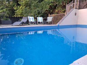 two chairs and a swimming pool with blue water at Clos des mimosas in Monflanquin