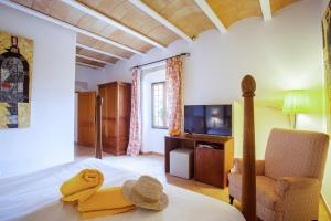 a bedroom with a bed and a chair and a television at Boutique Hotel Sa Galera in Caʼs Concos