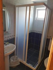 a bathroom with a shower and a sink at Vila Stanisic in Čanj