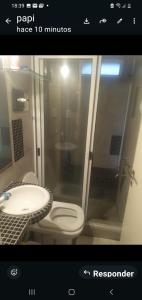 a bathroom with a shower and a toilet and a sink at Pacor in Mar del Plata