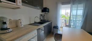 a kitchen with a counter and a sink and a window at appartement Villa Morgane in Saint-Pierre
