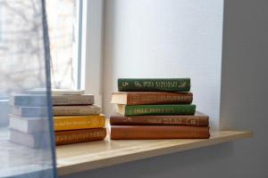 a stack of books sitting on a shelf next to a window at Avgarose in Itʼkhvisi