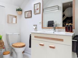 a bathroom with a toilet and a sink and a mirror at La Courette des Rois - Hyper centre & Chateau in Dourdan +9 photos