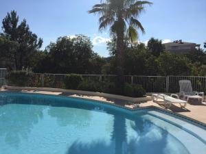 a swimming pool with two chairs and a palm tree at French Riviera Golf in Mandelieu-La Napoule +13 photos