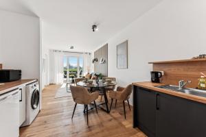 a kitchen and dining room with a table and chairs at BohnApartments Dümmer See Suites, Top Lage 350 m zum See, Balkon, WLAN, Parkplatz in Lembruch