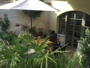eine Terrasse mit einem Tisch mit einem Sonnenschirm und Pflanzen in der Unterkunft Gästezimmer Bog2 in Görlitz