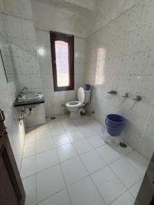 a white bathroom with a toilet and a sink at Hotel Rana Taradevi in Shimla