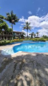 a blue swimming pool with palm trees in the background at finca hotel palmas frente a panaca in Quimbaya