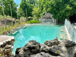 a swimming pool with blue water in a yard at Hanul lui Hanganu in Lalova