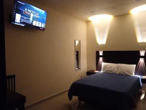 a bedroom with a bed and a flat screen tv at Hotel y Motel Elegantia in Tetelco