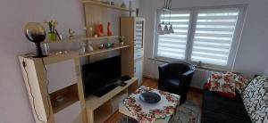 a living room with a chair and a table and a television at Zum Rosengarten in Rambin