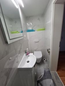 a white bathroom with a sink and a toilet at Zum Rosengarten in Rambin