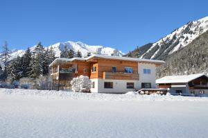 a house in the snow in front of a mountain at Ferienwohnung Nety in Bach