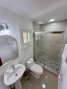 a bathroom with a toilet and a sink and a shower at Villa Rio Grande in Santa Catalina