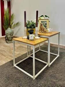 two tables with vases and plants on top of a room at The Attic in Civitavecchia