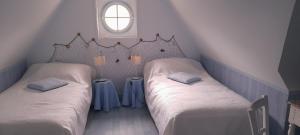two twin beds in a room with a window at le moulin à vent in Céré-la-Ronde