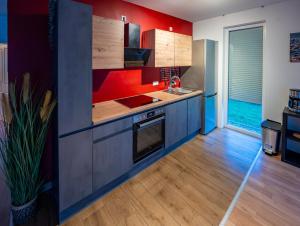 a kitchen with blue cabinets and a red wall at Privates Team-Haus nahe VW Wolfsburg I 4-5 Schlafzimmer, Einzelbetten, perfekt für Monteure, Teams und Reisegruppen I Parkplatz I Rechnung mit MwSt in Calberlah
