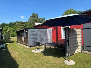 a table with an umbrella next to a shed at Windrose in Korswandt