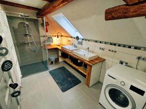 a bathroom with a sink and a washing machine at Apartment Elli in Lichtenhain