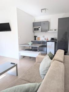 a living room with a couch and a kitchen at Studio détente proche Sanctuaires in Lourdes