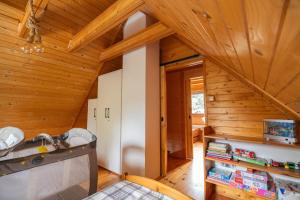 a room with a sink in a wooden house at Dom wakacyjny w kratkę & spa in Białogóra