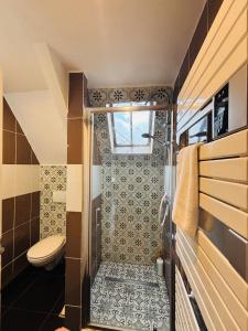a small bathroom with a toilet and a shower at Le Jeanne d'Arc - Appartements meublés in Gien +105 photos