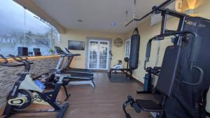a gym with several tread machines in a room at Arouca Passadiços Alojamentos & Jacuzzi - SPA in Arouca