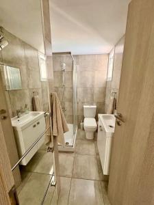 a bathroom with a toilet and a sink and a shower at Jane 202 cosy 1 bedroom in Larnaca