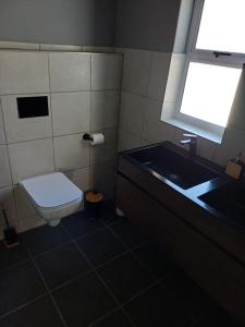 a bathroom with a toilet and a sink and a window at Wembley guesthouse in Plumstead