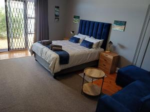 a bedroom with a bed with a blue headboard at Wembley guesthouse in Plumstead