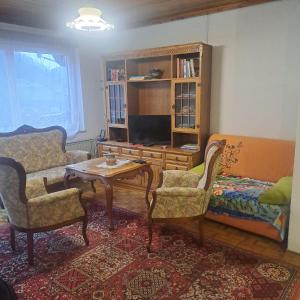 a living room with a couch and a table and chairs at Apartmaji Loretica in Most na Soči