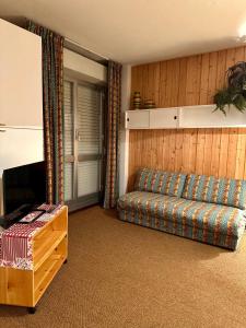 a living room with a couch and a television at Il rifugio di Pietro in Sella della Turra